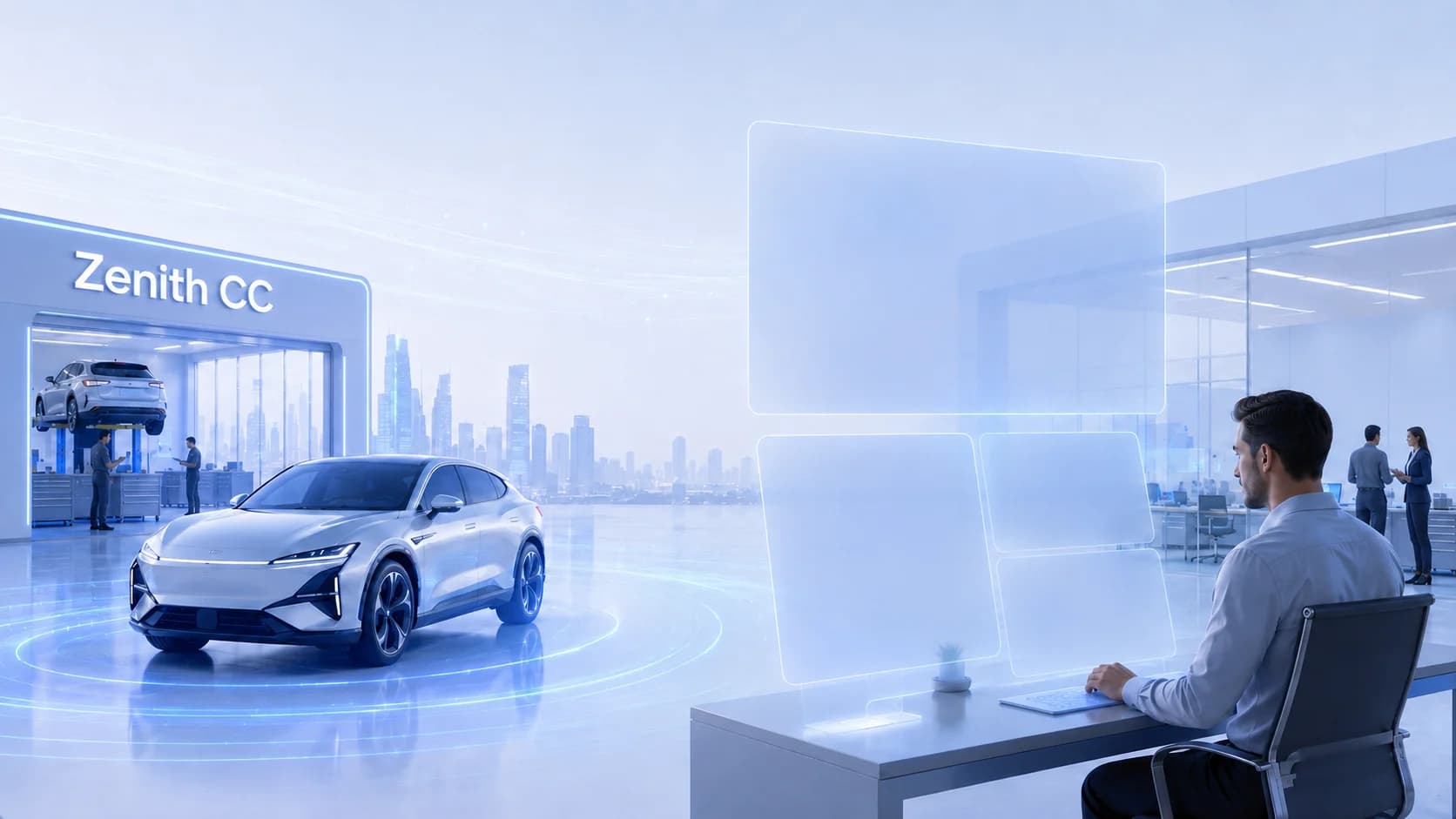 Zenith CC dealership floor — service bay, vehicle diagnostics and operations workspace